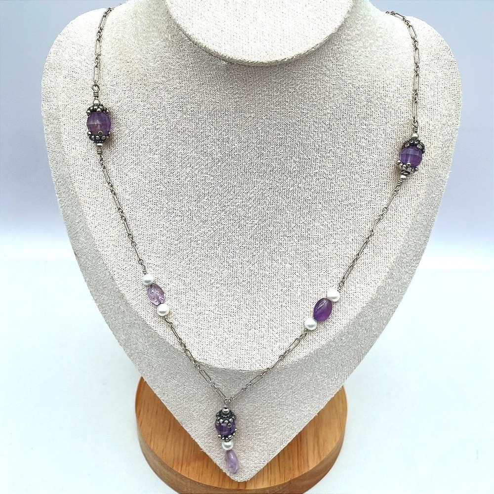 Southwestern Boho Silver-Tone Amethyst Freshwater Pearls Beaded Station Necklace